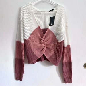 Fashion Nova “Just A Little Twisted” Color Block Sweater in Blush Oversized
